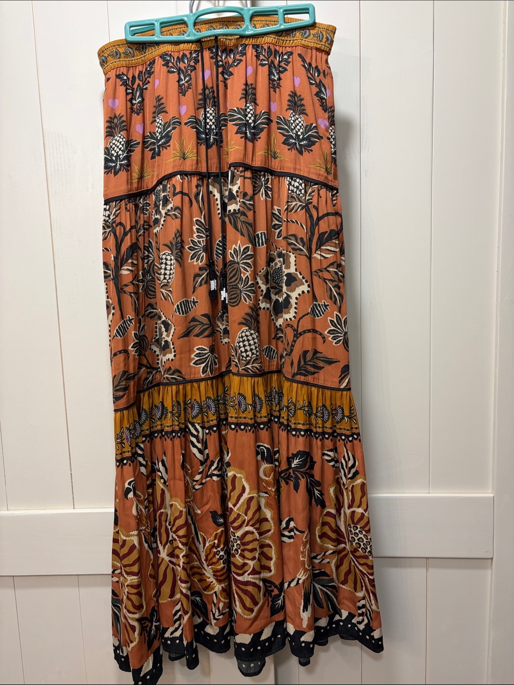 Rachel Zoe Rust Floral Tiered Maxi Skirt with Black Accents